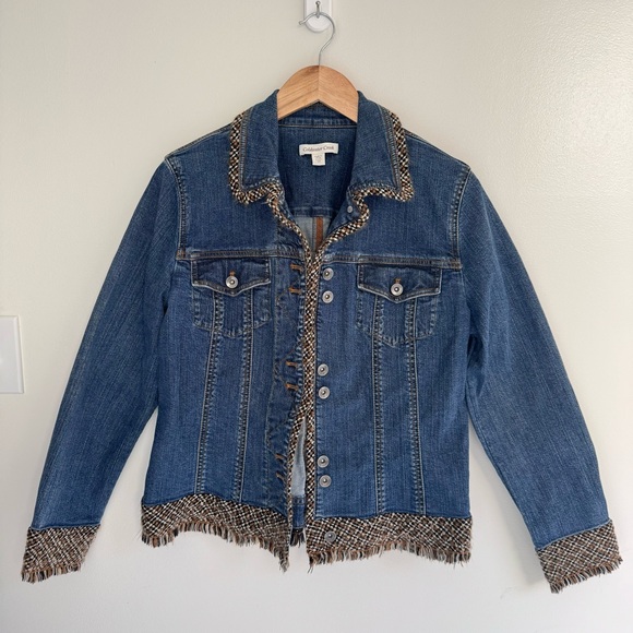 Coldwater Creek Jackets & Blazers - Coldwater Creek Denim Jacket Women’s Size 14 Fringe Tweed Trim Boho Western